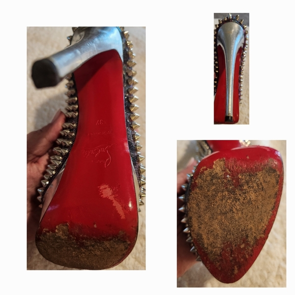 CHRISTIAN LOUBOUTIN Metallic Lame Lady Peep Spike Platform Pumps Size 37 - Picture 15 of 16